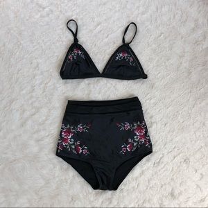 Black floral high-waisted bikini two-piece swim